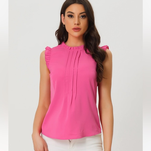 WOMEN’S PINK ALLEGRA K RUFFLE COLLAR SLEEVELESS BLOUSE SIZE LARGE - STUNNING! - Picture 1 of 13